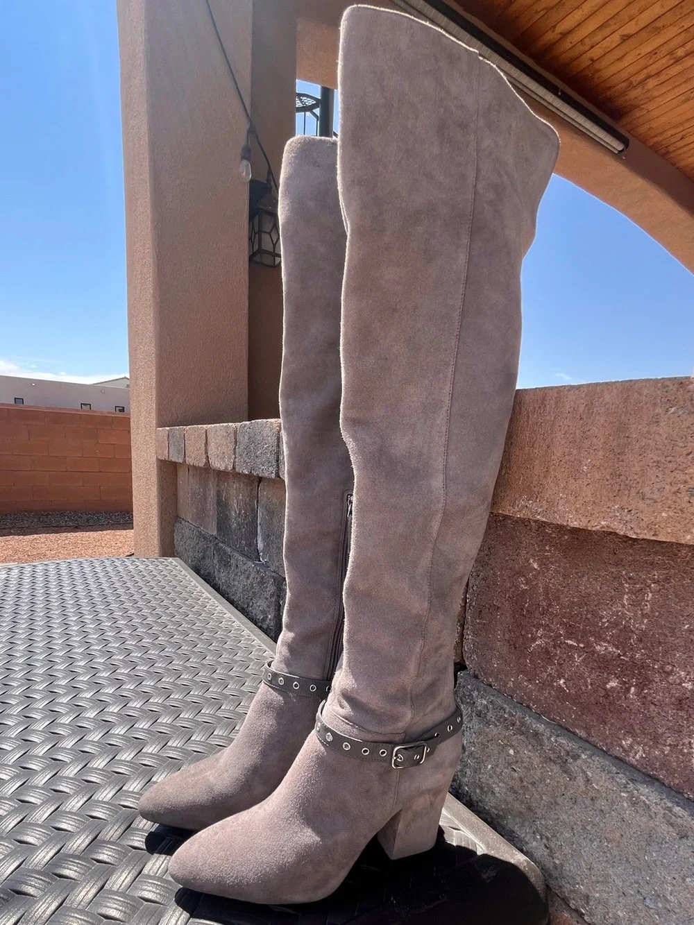 Nine West Taupe Suede Over-the-Knee Boots with Studded Ankle Strap